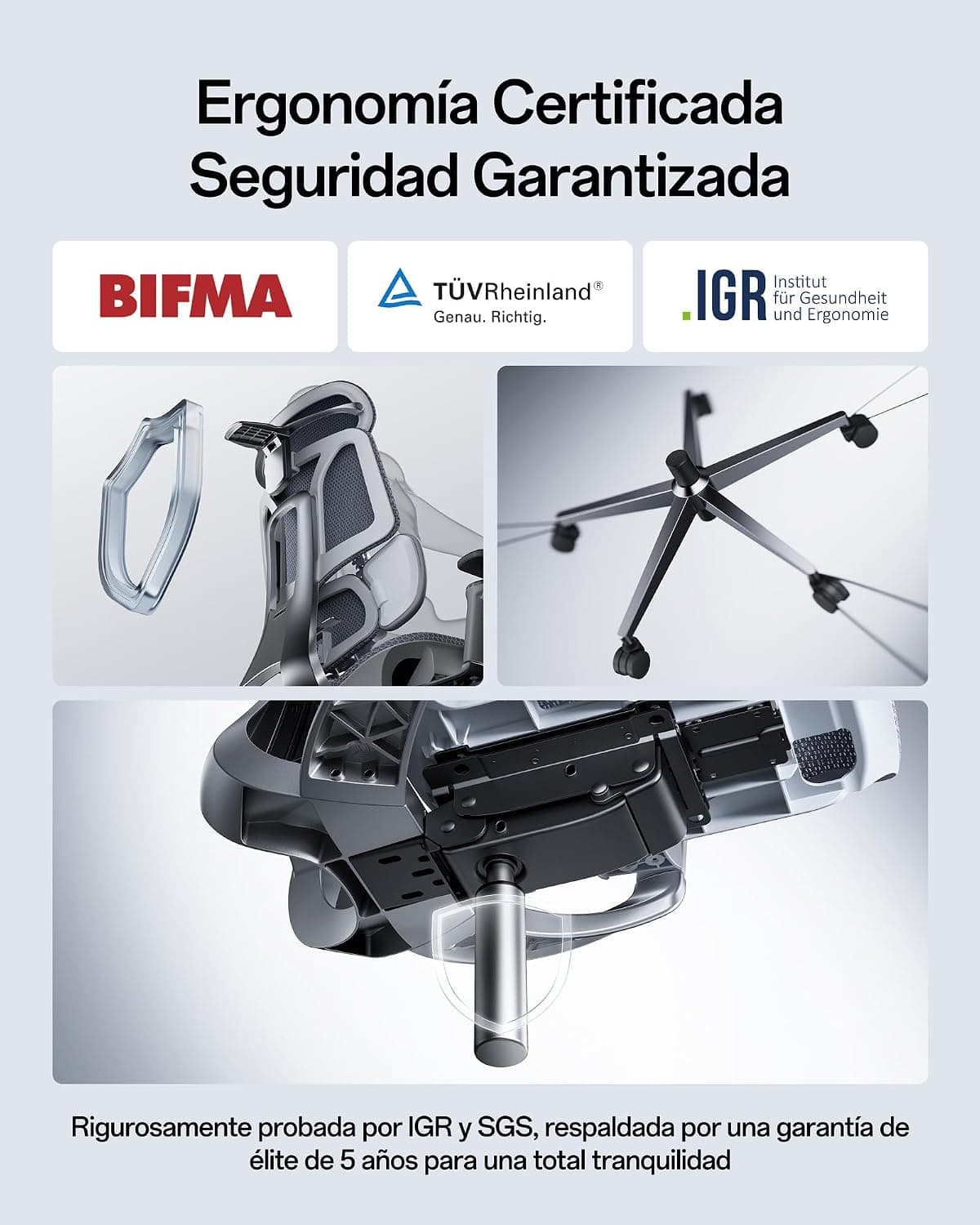 Certificaciones BIFMA, TÜV Rheinland e IGR, versión gris