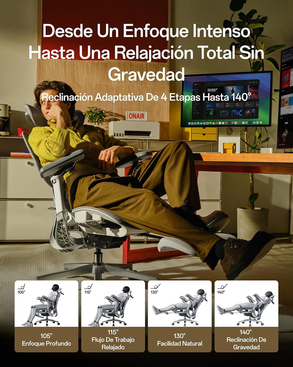 Usuaria reclinada a 140° en la silla gris