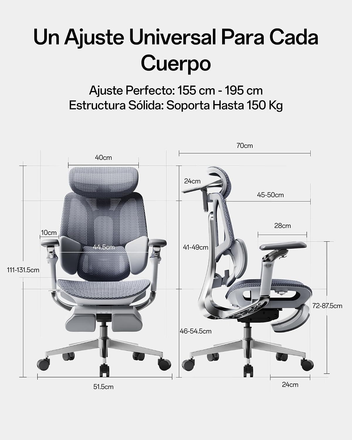 Plano con las medidas de la silla gris: 70 cm de fondo, base de 51,5 cm y asiento de 46 a 54,5 cm